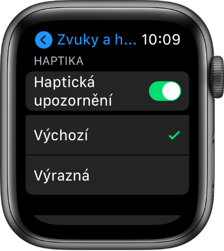 Nastavení Zvuky a haptika na Apple Watch s přepínačem Haptická upozornění a volbami Výchozí a výrazná.