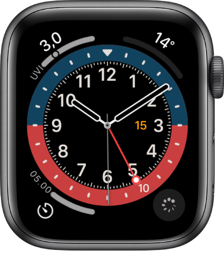 Urskiven GMT, hvor du kan justere urskivens farve. Den viser fire komplikationer: UV-indeks øverst til venstre, Temperatur øverst til højre, Tidtagning nederst til venstre og Menstruationscyklus nederst til højre.