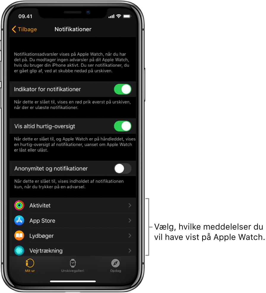 Skærmen Notifikationer i appen Apple Watch på iPhone, som viser kilder til notifikationer.
