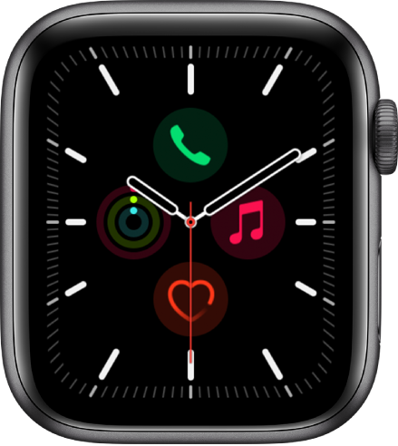 Urskiven Meridian, hvor du kan justere urskivens farve og andre detaljer på urskiven. Den viser fire komplikationer inde i en analog urskive: Telefon øverst, Musik til højre, Puls nederst og Aktivitet til venstre.