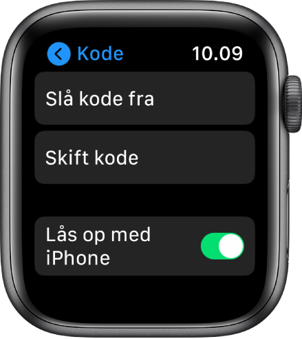Indstillinger til kode på Apple Watch med knappen Slå kode fra øverst, knappen Skift kode derunder og knappen Lås op med iPhone nederst.