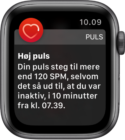 Skærmen Høj puls, der viser en notifikation om, at din puls steg til mere end 120 spm, mens du har været passiv i 10 minutter.