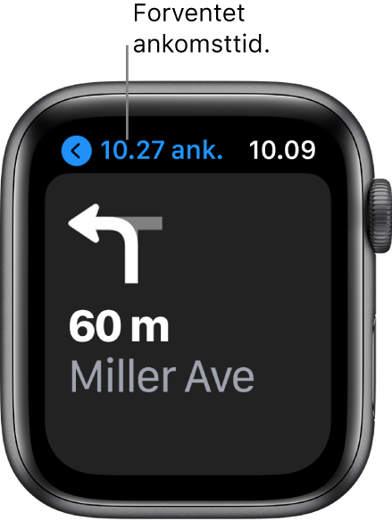 Appen Kort viser det forventede ankomsttidspunkt øverst til venstre, navnet på den næste gade, du skal dreje ned ad, og afstanden, før du skal dreje.