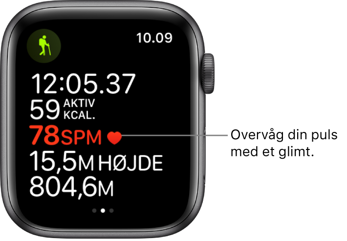 En skærm, der viser træningsstatistik, inklusive forløbet tid og puls.