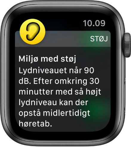 Apple Watch viser en notifikation om Støj. Symbolet for den app, der hører til notifikationen, vises øverst til venstre. Du kan åbne appen ved at trykke på symbolet.