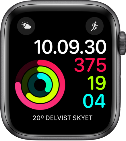 Urskiven Digital aktivitet, der viser tiden og status for dit mål for Bevægelse, Motion og Stå. Der er også tre komplikationer: Vejrforhold øverst til venstre, Træning øverst til højre og Vejr nederst.