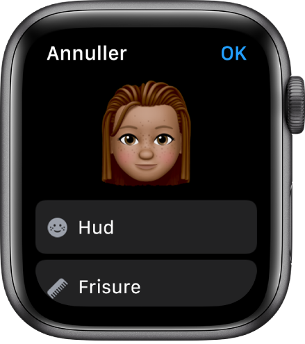 Appen Memoji på Apple Watch, som viser et ansigt foroven og indstillingerne Hud og Frisure nedenunder.