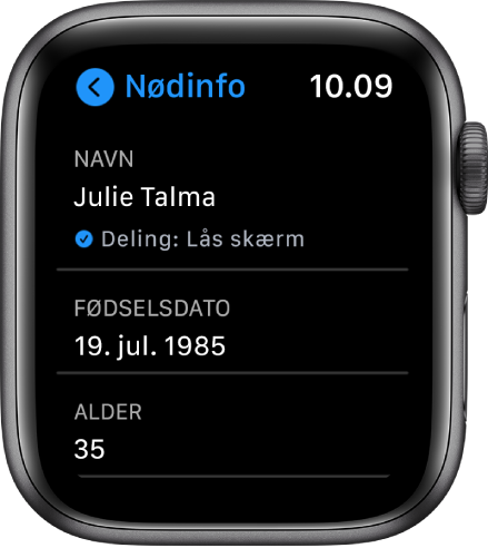 Skærmen Nødinfo, der viser brugerens navn og alder.