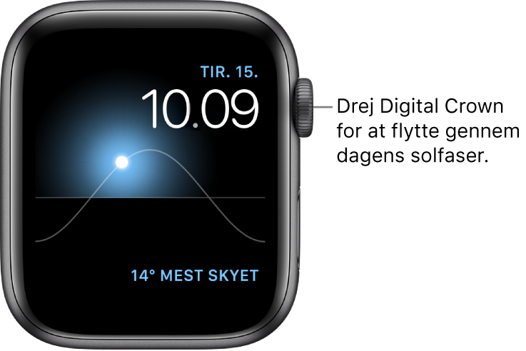 Urskiven Solur viser oplysninger om ugedag, dato og klokkeslæt, som du ikke kan ændre på. En Vejrkomplikation vises nederst til højre. Drej på Digital Crown for at flytte solen hen over himlen til skumring, daggry, zenit, solnedgang og mørke.