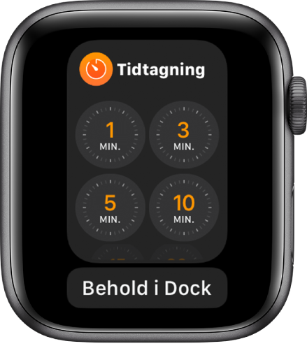 Skærmen til appen Tidtager i Dock med knappen Behold i Dock under den.