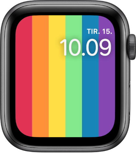 Urskiven Pride Digital, der viser lodrette regnbuestriber med dato og klokkeslæt øverst til højre.