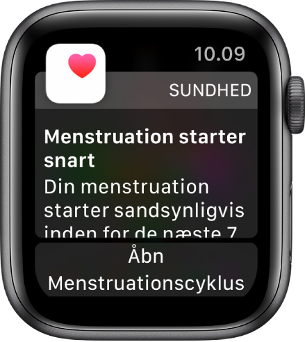Apple Watch, der viser skærmen Forudsigelse om menstruation, hvor der står “Menstruation starter snart. Din menstruation starter sandsynligvis inden for de næste 7 dage.” Knappen Åbn Menstruationscyklus vises nederst.