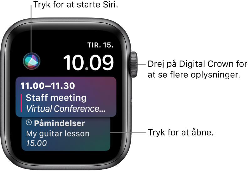 Urskiven Siri, der viser en påmindelse og en kalenderbegivenhed. Øverst til venstre på skærmen ses knappen Siri. Datoen og klokkeslættet findes øverst til højre.