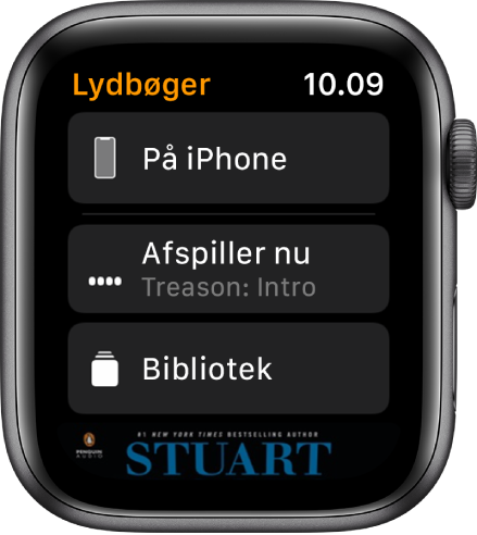 Apple Watch viser skærmen Lydbøger med knappen På iPhone øverst, knapperne Afspiller nu og Bibliotek nedenfor og en del af en lydbogs omslag nederst.