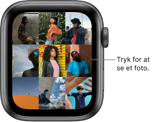 Hovedskærmen i appen Fotos på Apple Watch med flere fotos vist i et net.
