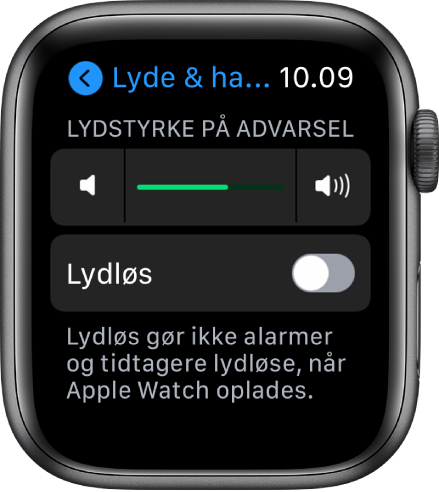 Indstillinger til Lyde & haptisk feedback på Apple Watch med mærket Lydstyrke på advarsel øverst og knappen Lydløs nedenunder.