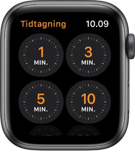 Skærm med appen Tidtagning, der viser hurtige tidtagere på 1, 3, 5 eller 10 minutter.