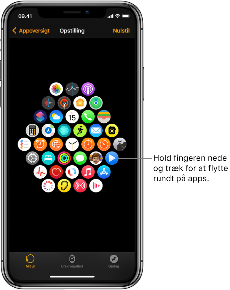 Arrangementskærmen i appen Apple Watch, der viser et net af symboler.