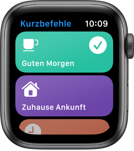 Die Anzeige „Kurzbefehle“ mit zwei Kurzbefehlen – „Guten Morgen“ und „Home ETA“.