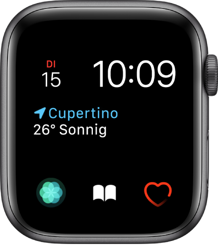 Das Zifferblatt „Modular“, bei dem du die Farbe anpassen kannst. Es zeigt die Uhrzeit und das Datum oben, die Komplikation „Wetterbedingungen“ in der Mitte und unten drei Unterzifferblätter-Komplikationen: „Atmen“, „Hörbücher“ und „Herzfrequenz“.