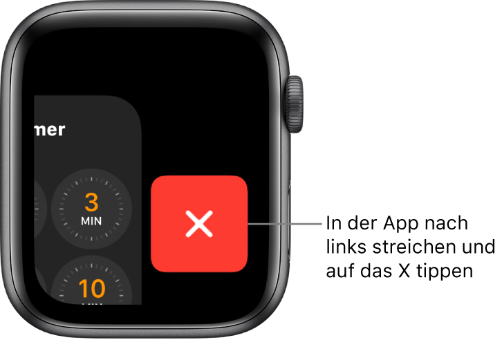 Das Dock mit der Taste „Entfernen“ [X] auf der rechten Seite, nachdem du auf einer App nach links gestrichen hast.