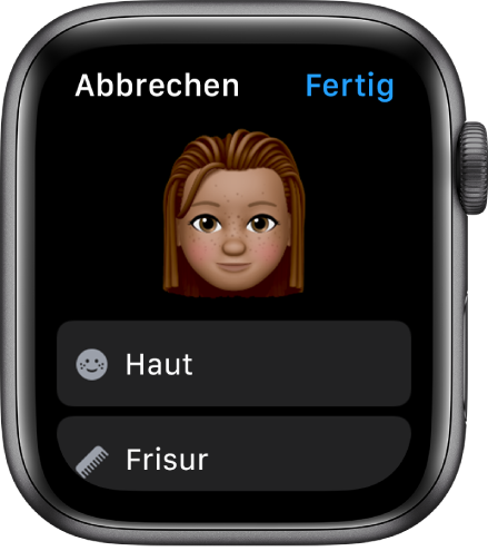 Die App „Memoji“ auf der Apple Watch, in der oben ein Gesicht und darunter Optionen für die Hautfarbe und die Frisur zu sehen sind.