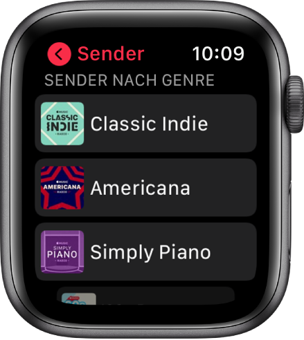 Die Anzeige „Radio“ mit drei Apple Music-Genresendern.