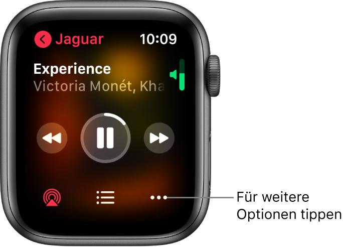 Die Anzeige „Jetzt läuft“ in der App „Musik“. Der Albumname befindet sich oben links. Der Songtitel und der Künstlername befinden sich oben, die Bedienelemente für die Wiedergabe in der Mitte und die Tasten „AirPlay“, „Titelliste“ und „Optionen“ befinden sich unten.