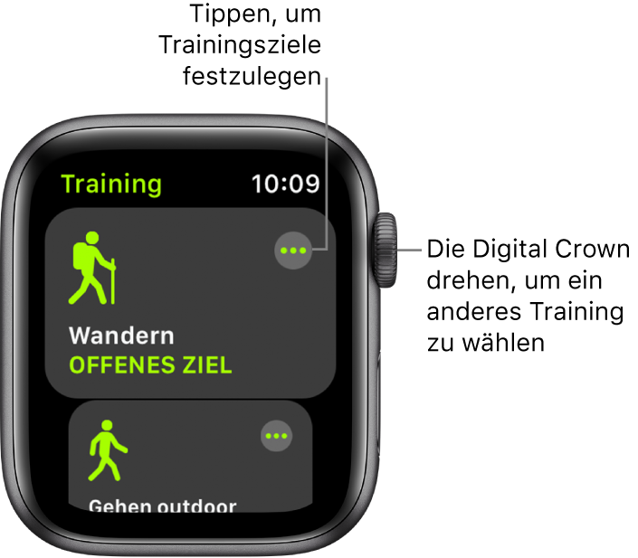 Die App „Training“ mit hervorgehobenem Wandertraining. Die Taste „Mehr“ befindet sich oben rechts. Ein Teil des Outdoor-Lauftrainings darunter.