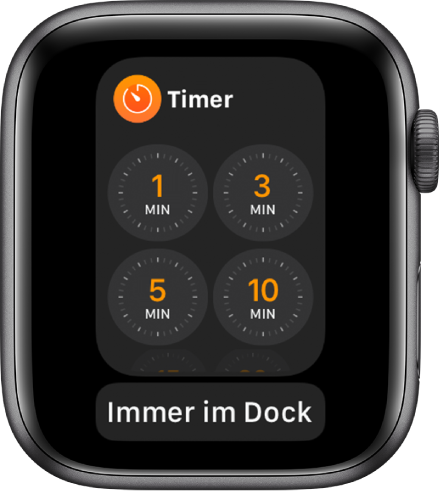 Die App „Timer“ im Dock und darunter die Taste „Im Dock behalten“.