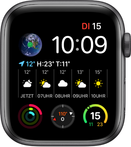 Das Zifferblatt „Infograph Modular“ zeigt mehrere Komplikationen. Oben links befindet sich die Komplikation „Erde“, die Komplikation „Wetter“ nimmt den mittleren Bereich ein und unten befinden sich drei Unterzifferblätter: „Aktivität“, „Kompass“ und „Lufttemperatur“.