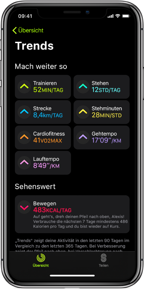 Der Tab „Trends“ in der App „Aktivität“ auf dem iPhone. Unter der Überschrift „Trends“ wird oben auf dem Display eine Reihe von Messwerten angezeigt. Zu den Messwerten gehören unter anderem „Trainieren“, „Stehen“ und „Strecke“. Unter der Überschrift „Sehenswert“ wird „Bewegen“ angezeigt.