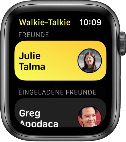 Die App „Walkie-Talkie“ mit einem Kontakt oben und einer eingeladenen Person unten.