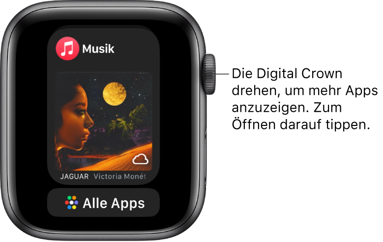 Im Dock ist die App „Musik“ und darunter die Taste „Alle Apps“ zu sehen. Drehe die Digital Crown, um weitere Apps anzuzeigen. Tippe auf die gewünschte App, um sie zu öffnen.