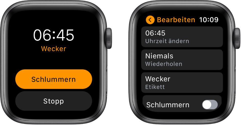 Zwei Ansichten der Apple Watch: Eine Uhr zeigt ein Zifferblatt mit den Tasten „Schlummern“ und „Stopp“, die andere Einstellungen für „Wecker bearbeiten“ und darunter die Tasten „Uhrzeit ändern“, „Wiederholen“ und „Wecker“. Die Option „Schlummern“ befindet sich unten. Die Option „Schlummern“ ist deaktiviert.