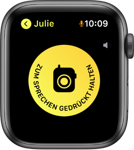 Die App „Walkie-Talkie“ mit der großen Taste „Jetzt sprechen“ in der Mitte. Auf der Sprechtaste steht: „Zum Sprechen gedrückt halten“.