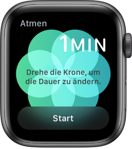 Die App „Atmen“. Oben rechts wird die Dauer von einer Minute angezeigt und unten rechts die Taste „Start“.