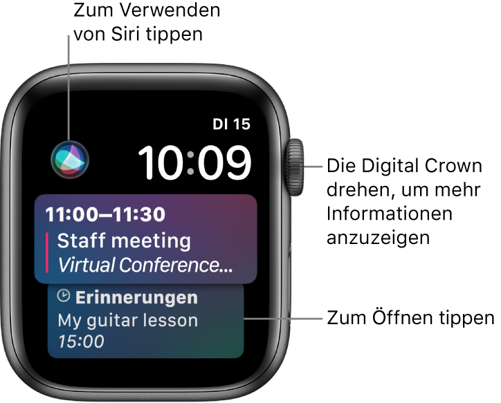 Das Siri-Zifferblatt mit einer Erinnerung sowie einem Kalenderereignis. Oben links befindet sich die Siri-Taste. Datum und Uhrzeit befinden sich oben rechts.