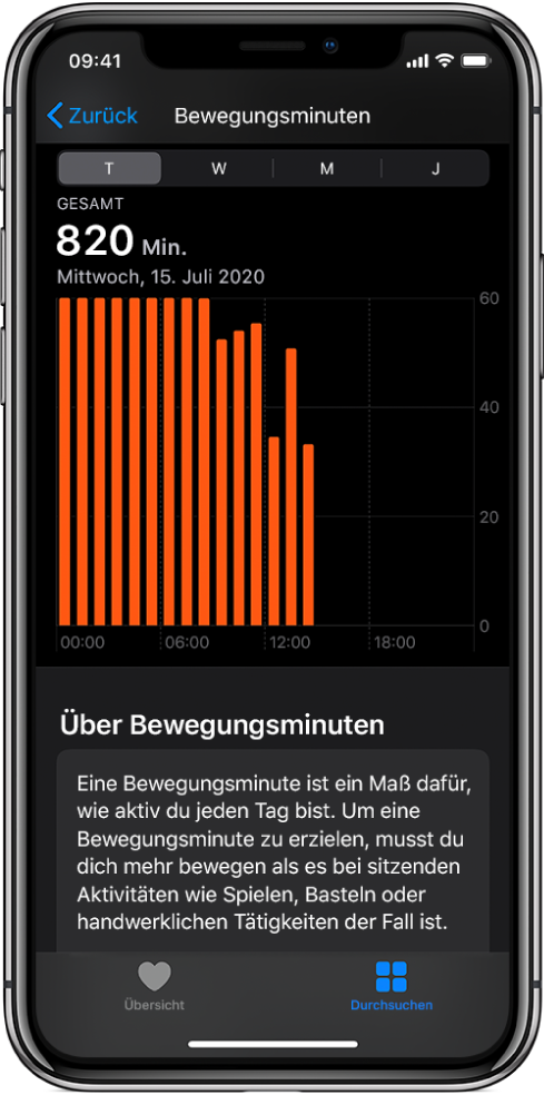 iPhone mit einem Bericht über die Bewegungsminuten. Unten befinden sich die Tabs „Übersicht“ und „Entdecken“, der Tab „Entdecken“ ist ausgewählt.
