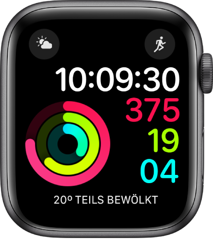 Das Zifferblatt „Aktivität Digital“ zeigt neben der Zeit auch deinen Fortschritt bei den Zielen „Bewegen“, „Trainieren“ und „Stehen“. Es gibt außerdem drei Komplikationen: „Wetterbedingungen“ oben links, „Training“ oben rechts und „Wetter“ unten.
