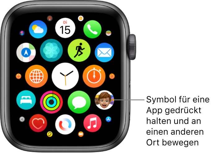 Home-Bildschirm auf der Apple Watch in der Rasterdarstellung.