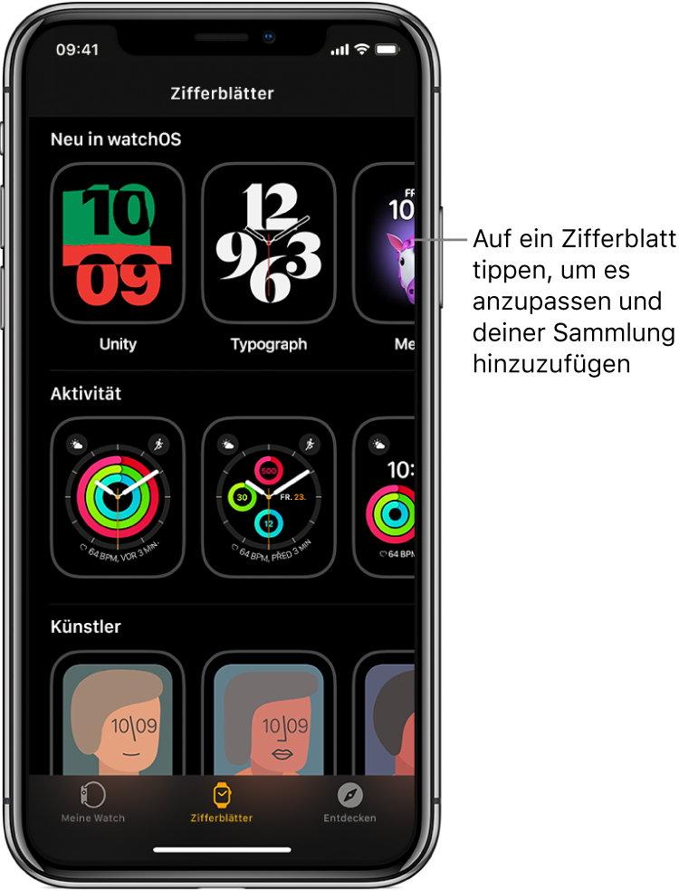 Die Zifferblattgalerie in der Apple Watch-App. In der oberen Zeile befinden sich die neuen Zifferblätter, in den nächsten Zeilen sind die Zifferblätter nach Typ z. B. „Aktivität“ und „Künstler“ gruppiert. Scrolle, um mehr Zifferblätter nach Typ sortiert anzuzeigen.