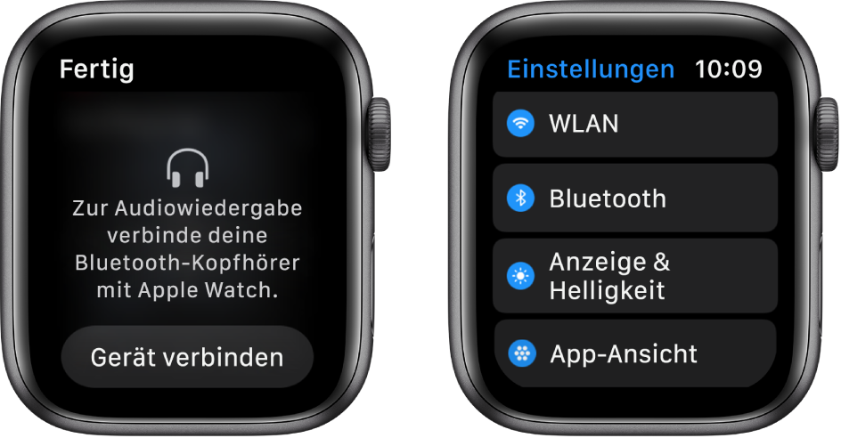 Zwei Displays nebeneinander. Links ist die Aufforderung zu sehen, Bluetooth-Kopfhörer mit der Apple Watch zu verbinden. Unten ist eine Taste zum Verbinden eines Geräts zu sehen. Rechts sind die Einstellungen zu sehen mit einer Liste, die die Tasten „WLAN“, „Bluetooth“, „Helligkeit“, „Textgröße“ und „App-Ansicht“ enthält.