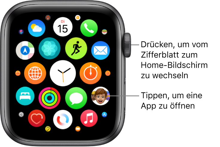 Home-Bildschirm in der Rasterdarstellung auf der Apple Watch mit Apps in einer Gruppe. Tippe auf eine App, um sie zu öffnen. Bewege den Finger, um weitere Apps anzuzeigen.