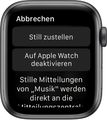 Einstellungen für Mitteilungen auf der Apple Watch. Die Taste „Still zustellen“ befindet sich oben und darunter befindet sich die Taste „Auf der Apple Watch deaktivieren“.