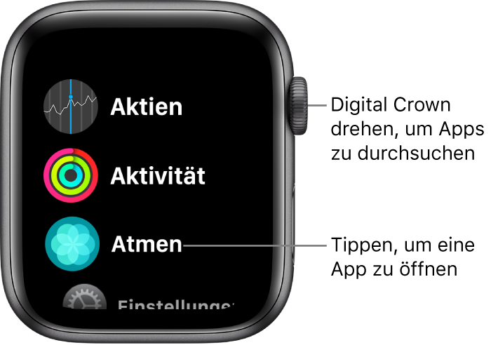 Home-Bildschirm in der Listendarstellung auf der Apple Watch mit Apps in einer Liste. Tippe auf eine App, um sie zu öffnen. Scrolle, um mehr Apps anzuzeigen.