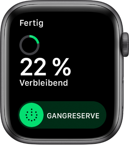 Die Anzeige „Gangreserve“ mit der Taste „Fertig“ oben links, der verbleibenden Batterieladung in Prozent und dem Regler „Gangreserve“.