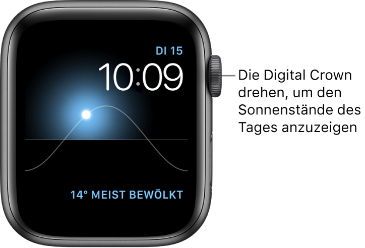 Auf dem Zifferblatt „Solar“ werden Wochentag, Datum und aktuelle Uhrzeit angezeigt und können nicht verstellt werden. Die Komplikation „Wetter“ befindet sich unten rechts. Drehe die Digital Crown, um den Stand der Sonne auf Dämmerung, Zenit, Sonnenaufgang, Sonnenuntergang oder Nacht zu ändern.