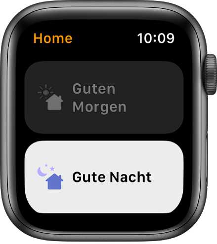 Die App „Home“ auf der Apple Watch mit zwei Szenen – „Guten Morgen“ und „Gute Nacht“. Die Szene „Gute Nacht“ ist hervorgehoben.