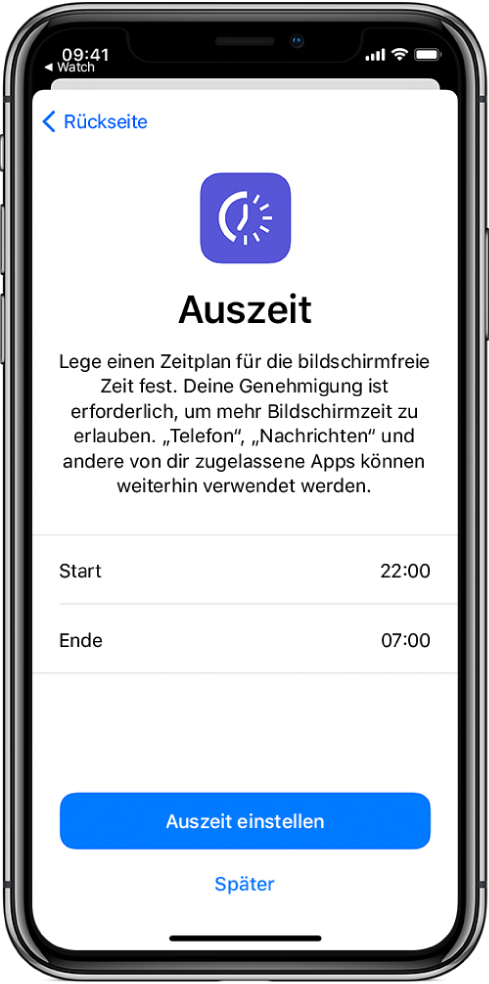 iPhone mit der Anzeige zum Einrichten der Auszeit. In der Mitte kann die Start- und Endzeit gewählt werden. Die Tasten „Auszeit“ und „Später“ befinden sich unten.